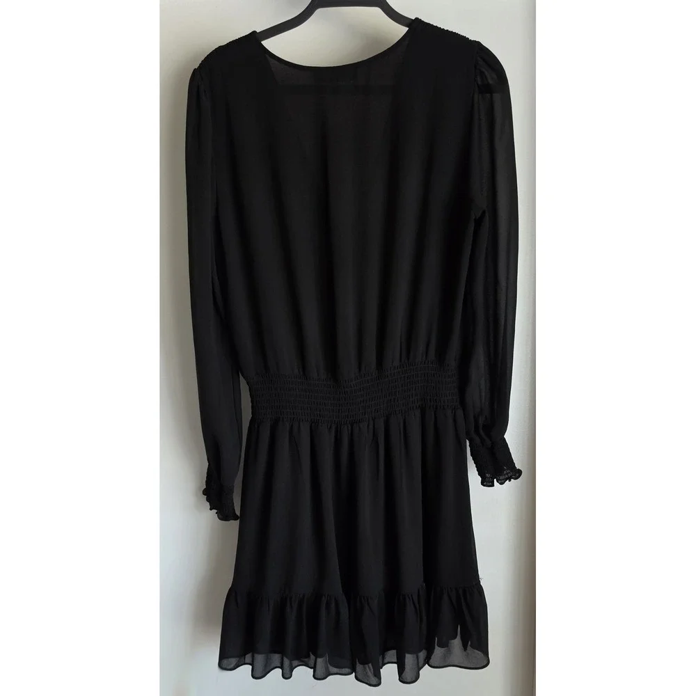 Michael Kors Long Sleeve Mini Dress Black V-Neck Faux Wrap Flowy LBD
